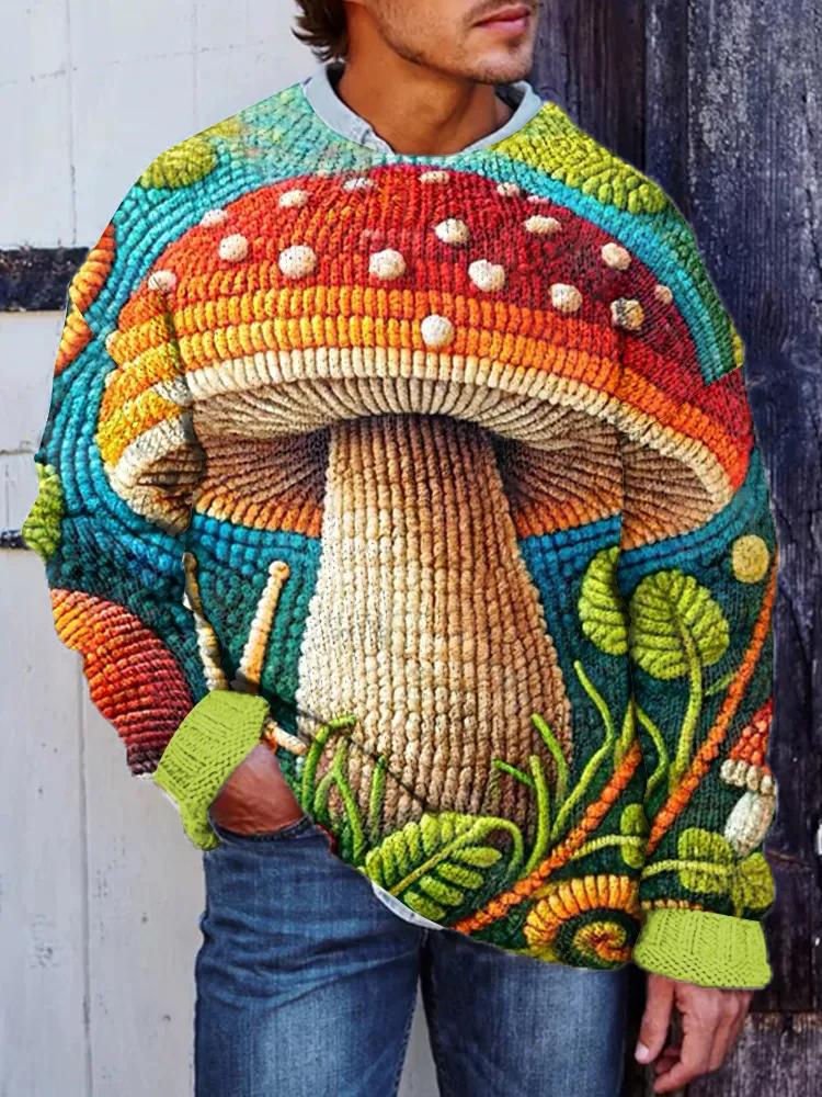 Men's Hippie Art Giant Mushroom Print Knit Sweatshirt