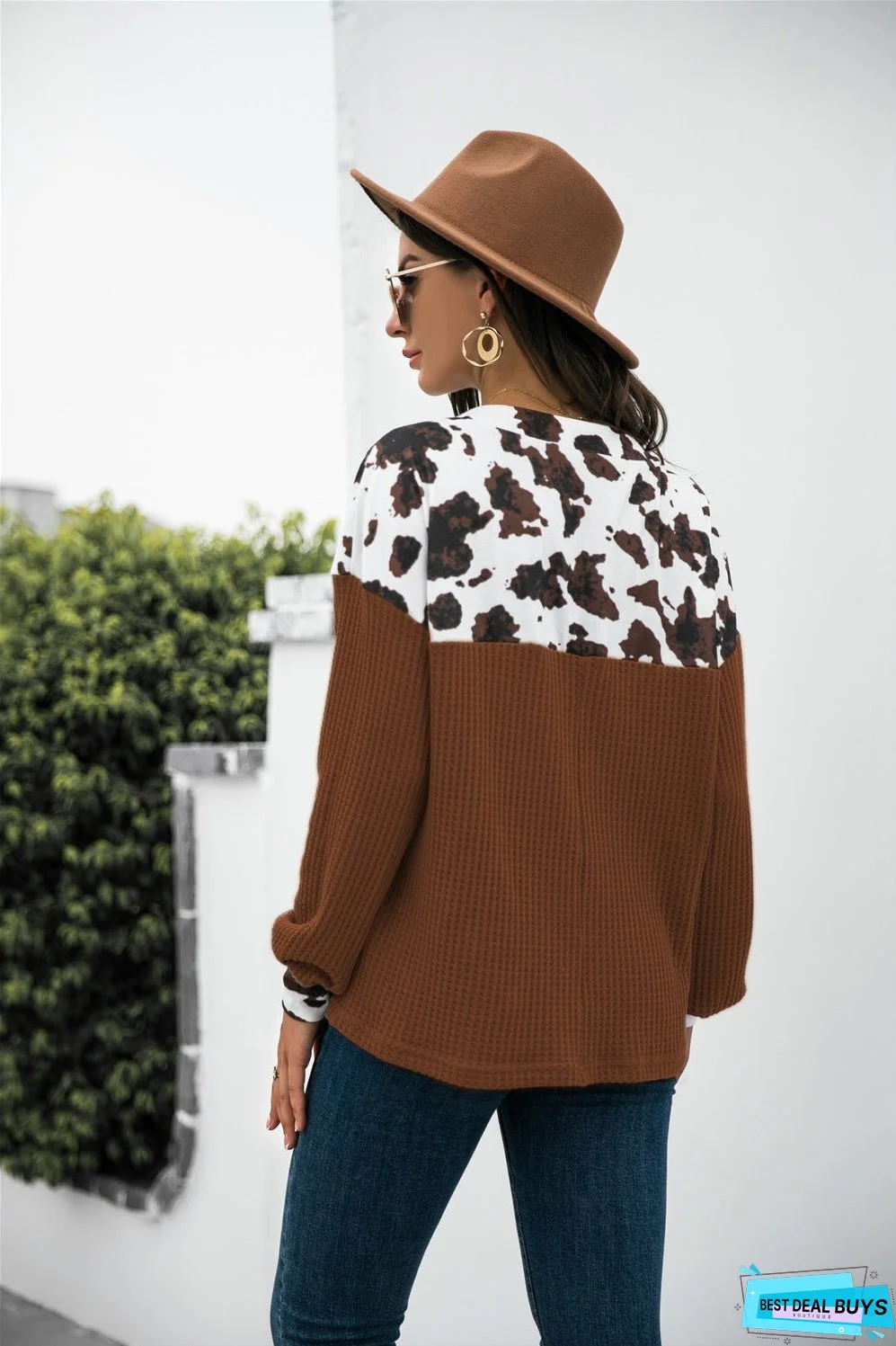 Cow Print Splicing Buttons Long Sleeve Top