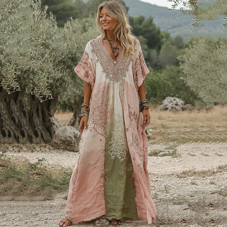 Women's Vintage Rose Floral Art Gradient Linen Blend Comfy Maxi Dress