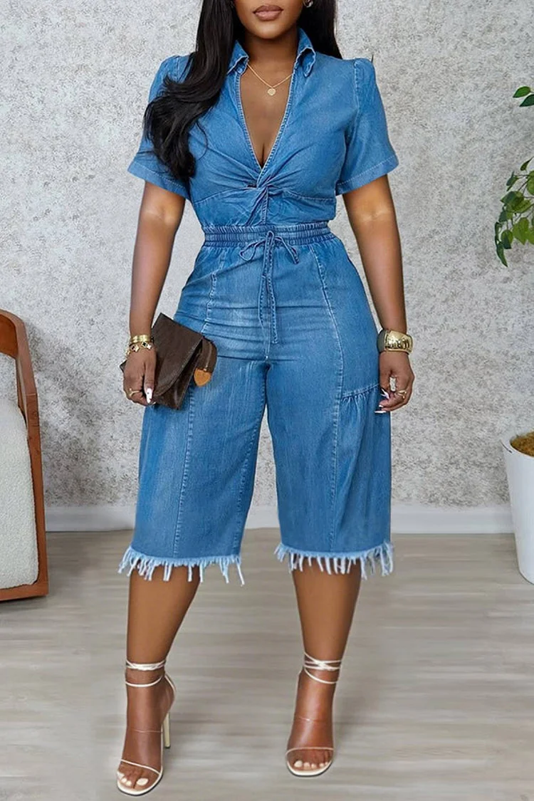 Plus Size Daily Blue V Neck Short Sleeve Pull-On Waist Casual Pocket Denim Rompers [Pre-Order] 2024 - Xpluswear