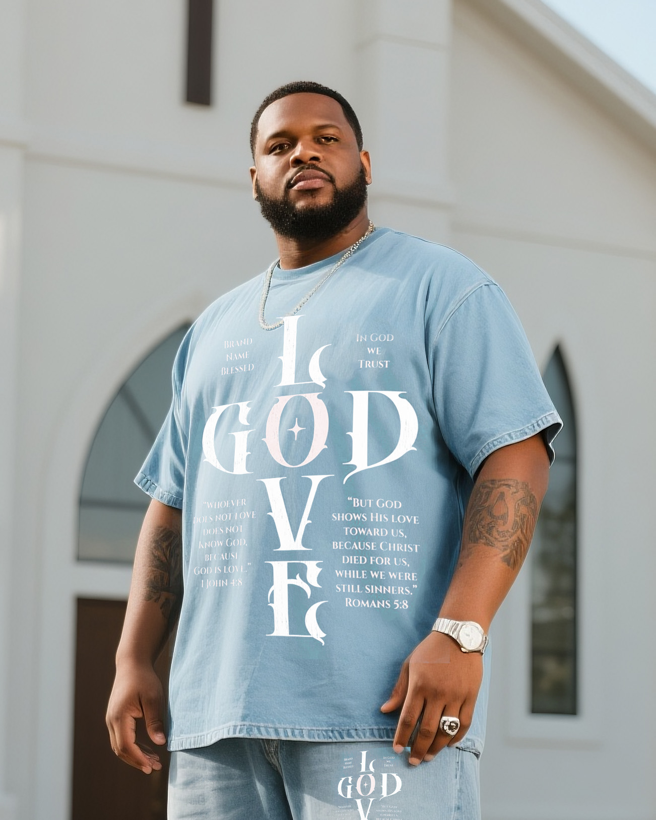 Plus Size Men Love Jesus Denim T-Shirt Pants Suit