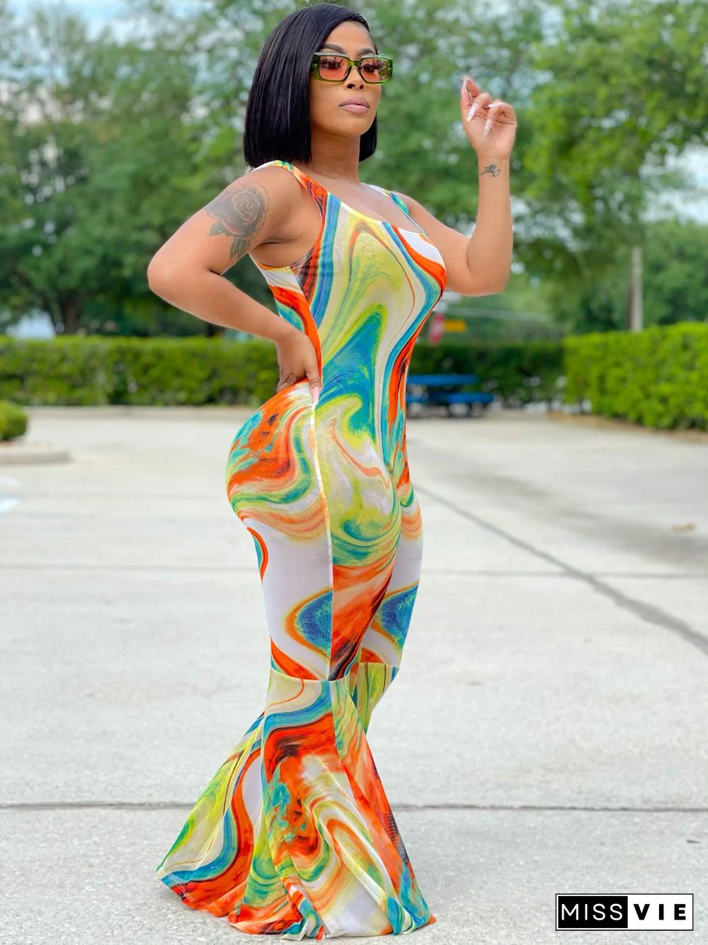 Summer Womens Clothing Casual Tie Dye Print Sleeveless Low Neck Backless Streetwear Bodycon Flare Jumpsuit