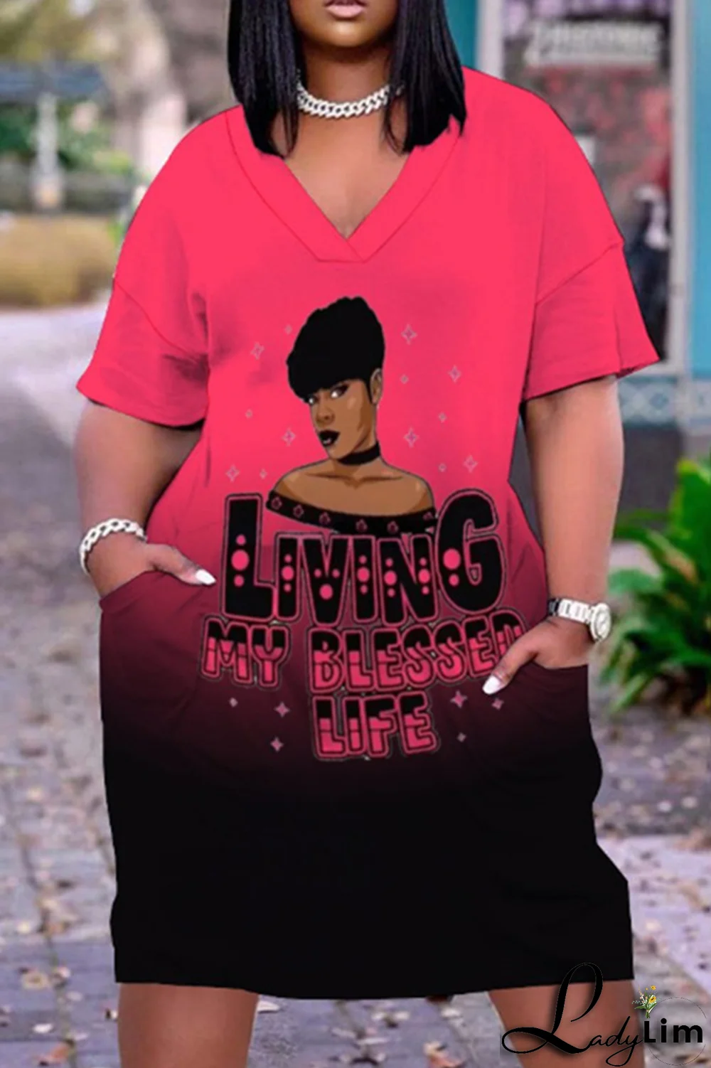 Rose Red Casual Gradual Change Print Pocket V Neck Straight Dresses