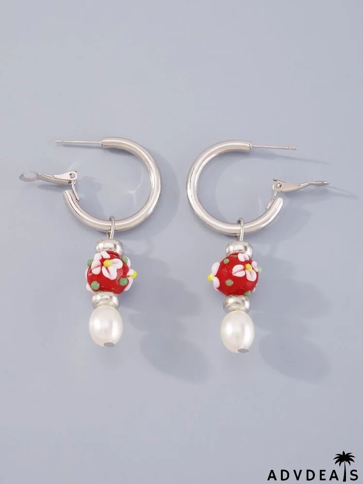 Flower Detail Bead & Faux Pearl Drop Earrings