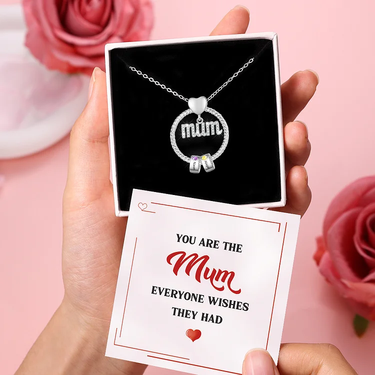2 Names-Personalized Mum Circle Necklace Gift Set With Gift Box Gift Card-Custom 2 Birthstones Pendant Necklace Engraved Names Gift For Mum