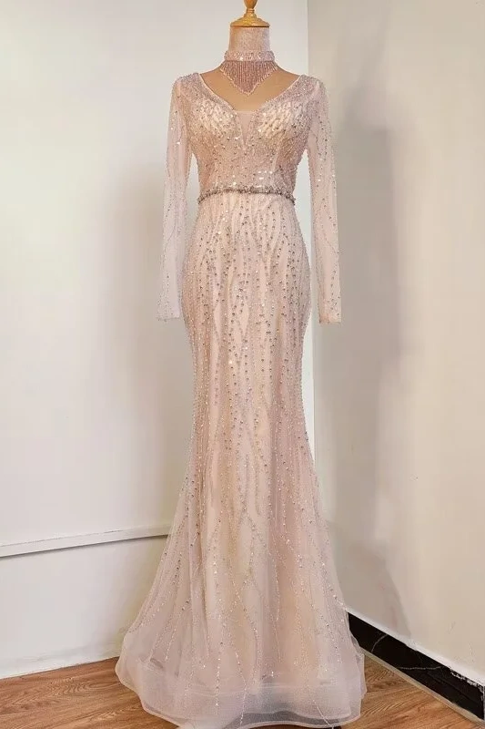 Luxury Sequin Beaded Evening Dress Mermaid Long Sleeve Backless - ohprom