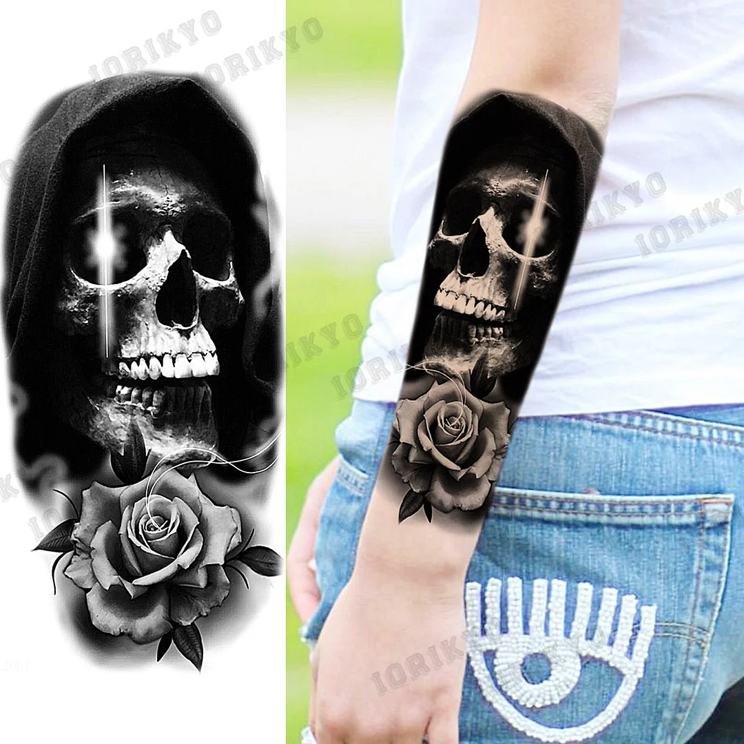Black Devil Vampire Arm Temporary Tattoos For Women Adult Skull Lion Crown Compass Fake Tattoo Washable Body Art Painting Tatoos