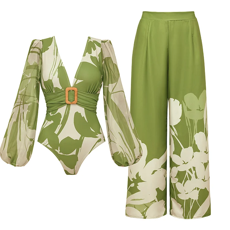 V Neck Long Sleeve Flower Print One Piece Swimsuit and Pants
