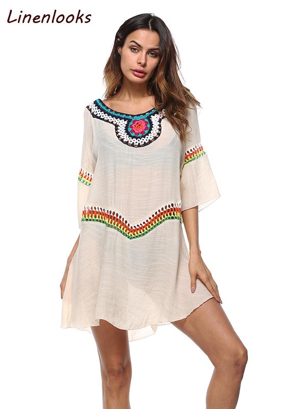 Loose Casual Beach Hollow Out White O Neck Boho Mini Dresses