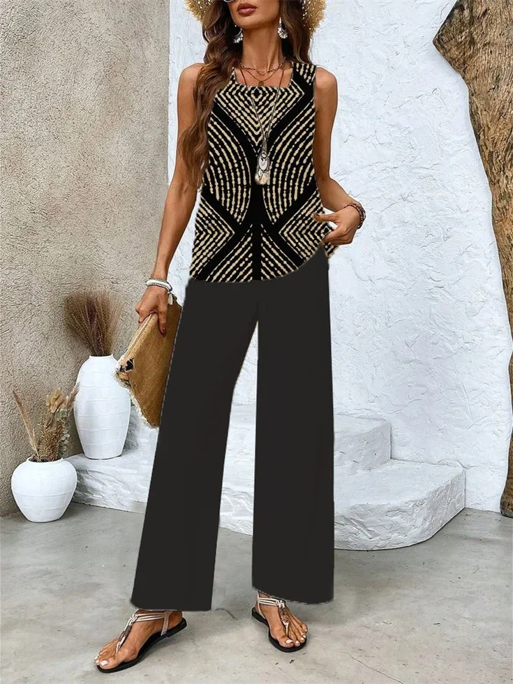 Women's Sleeveless Square Collar Graphic Printed Casual Set