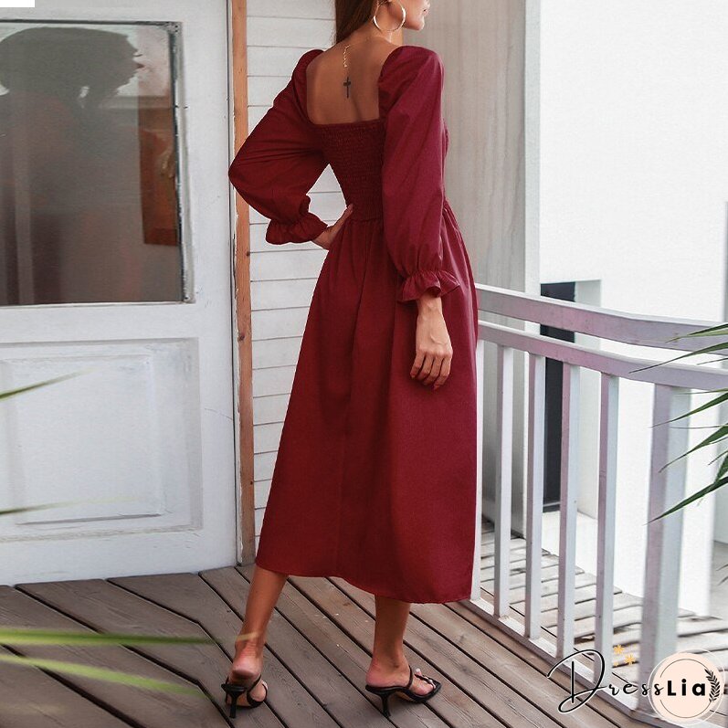 Autumn Square Collar Casual Long Dress Women Long Sleeve Pleated Red Maxi Dresses Elegant Female Bust Elastic Vestidos Rob