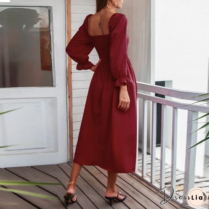 Autumn Square Collar Casual Long Dress Women Long Sleeve Pleated Red Maxi Dresses Elegant Female Bust Elastic Vestidos Rob