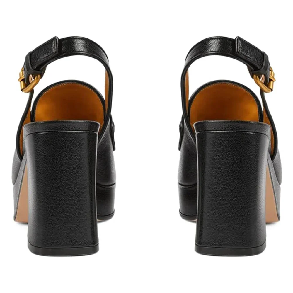 Black Square Toe Chain Decor Slingback Platform Loafers Women