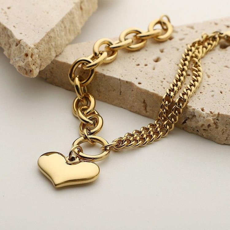 14K Gold Plated Love Heart Stainless Steel Chain Bracelet-Mayoulove