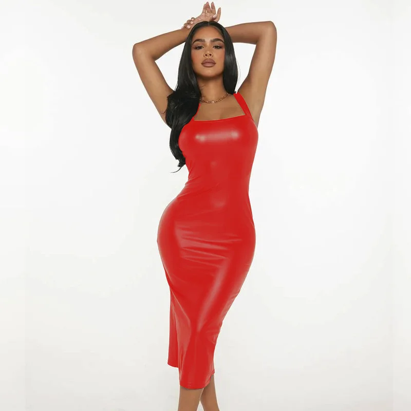 Woherb Woherb Summer Fashion Sling Long PU Dress Women's Dress-Outfit Ideas