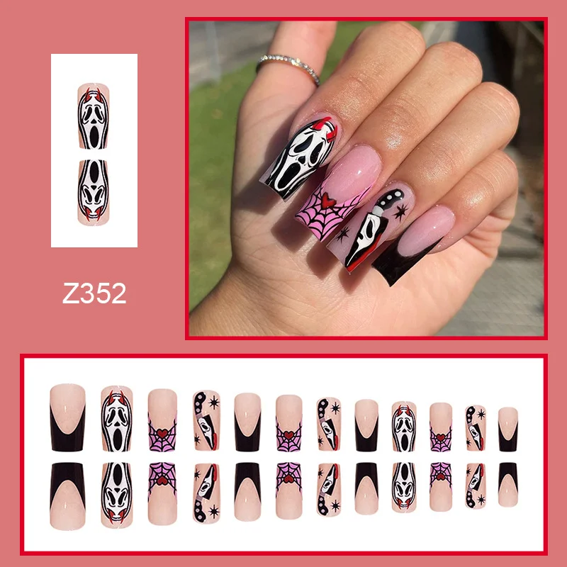 Churchf Churchf European Square Simple Ghost Face Fake Nail French Cute Black Halloween Summer Nail Wear Nail Piece