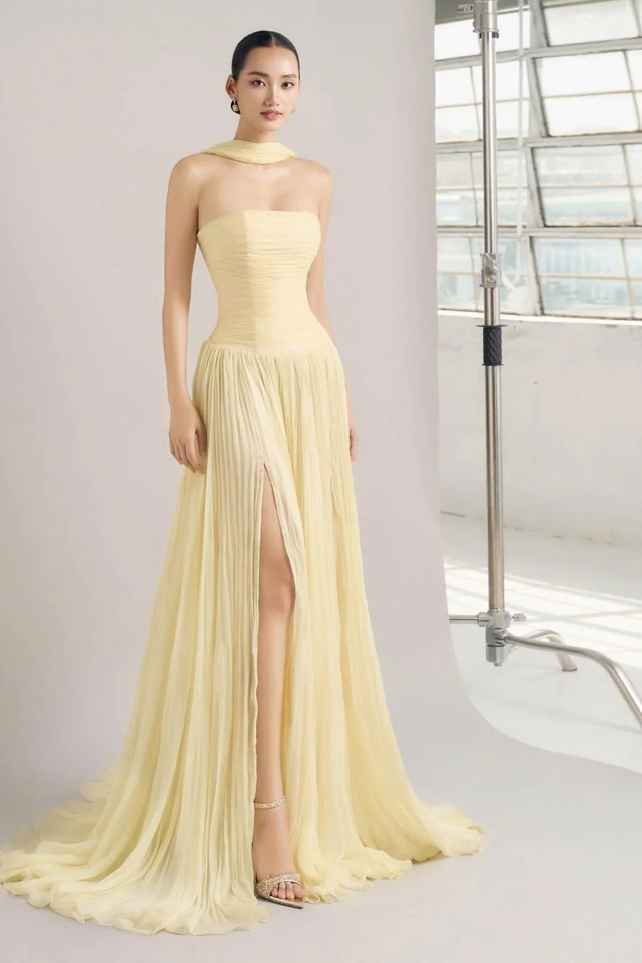 Miabel Beautiful Daffodil Chiffon Strapless Sleeveless Pleated Prom Dress with Split  