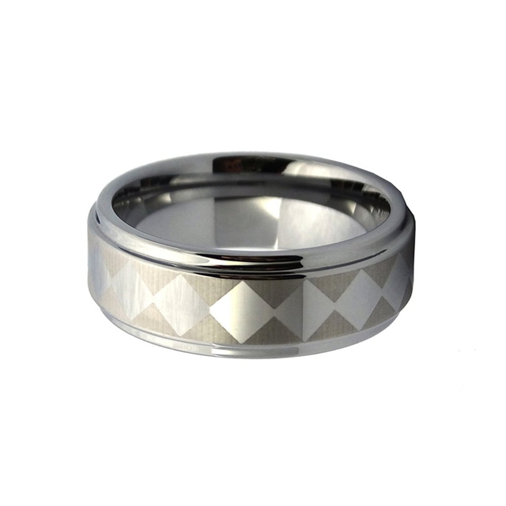 8MM Tungsten Carbide Rings Squares Laser Pattern Step Edge Men Wedding Band