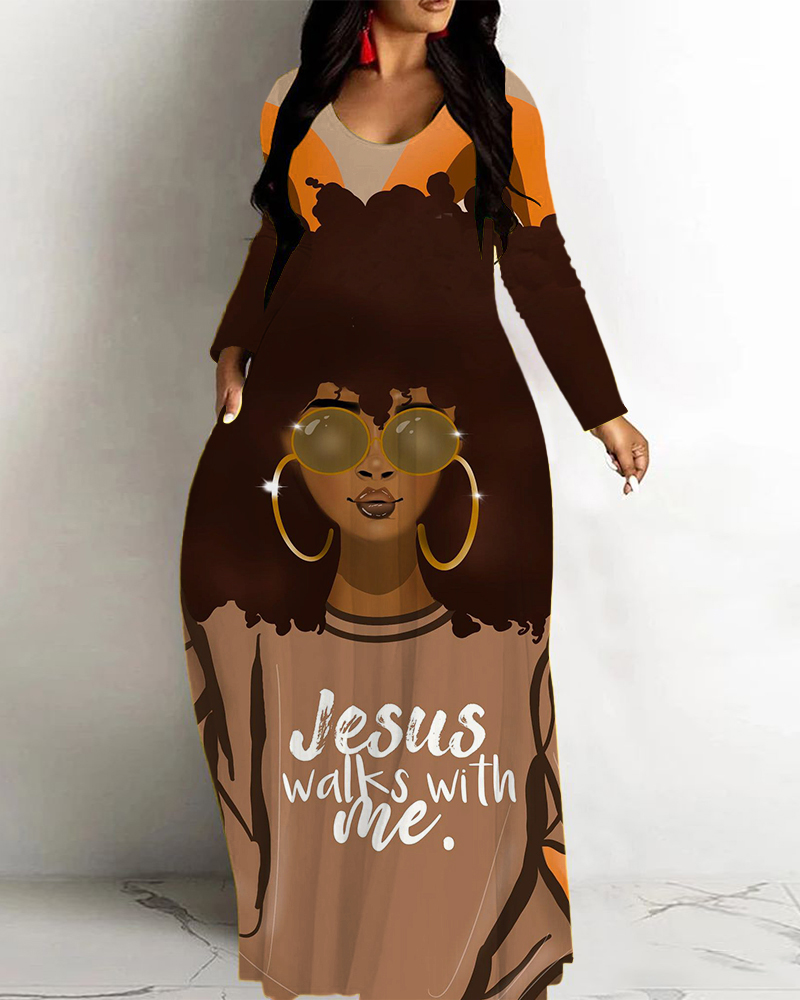 Afro Girl Jesus Walks With Me Loose Hem Long Sleeve Maxi Dress