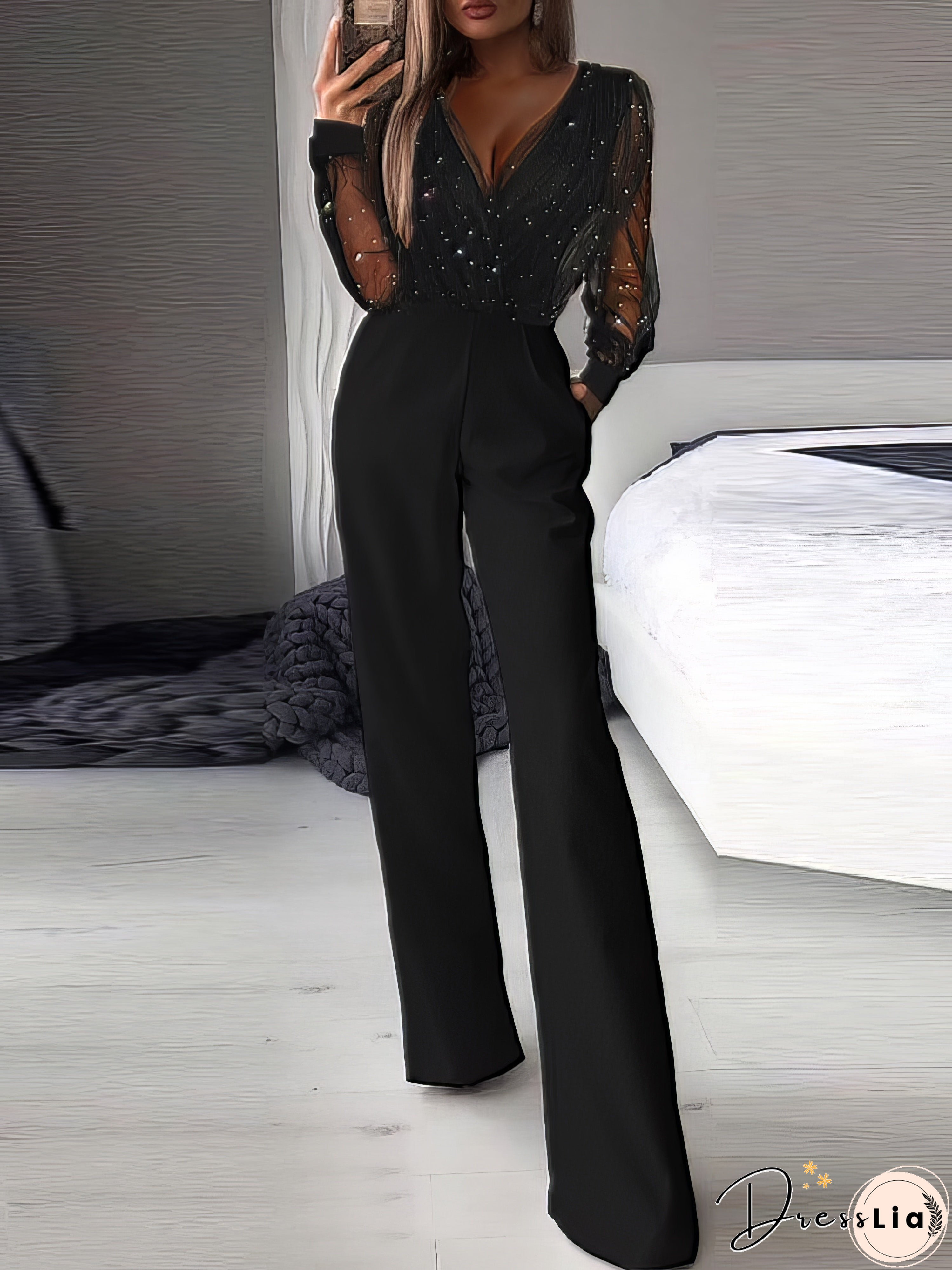 V-Neck Mesh Stitching Long Sleeve Jumpsuit