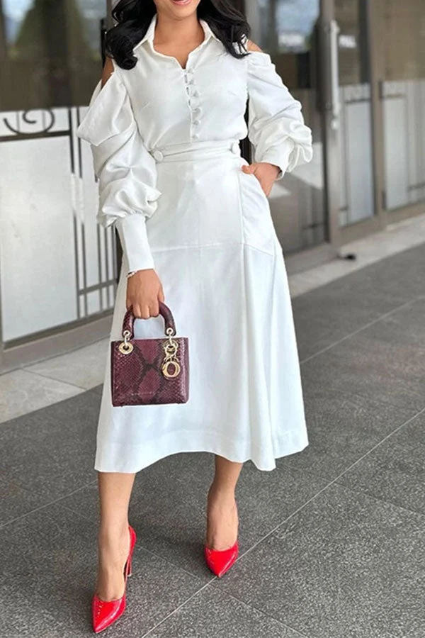 Solid Color Cold Shoulder Stylish A-Line Midi Dress