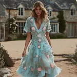 Women's Pink Rose Floral Pattern Casual Short Sleeve Dress - Image 2