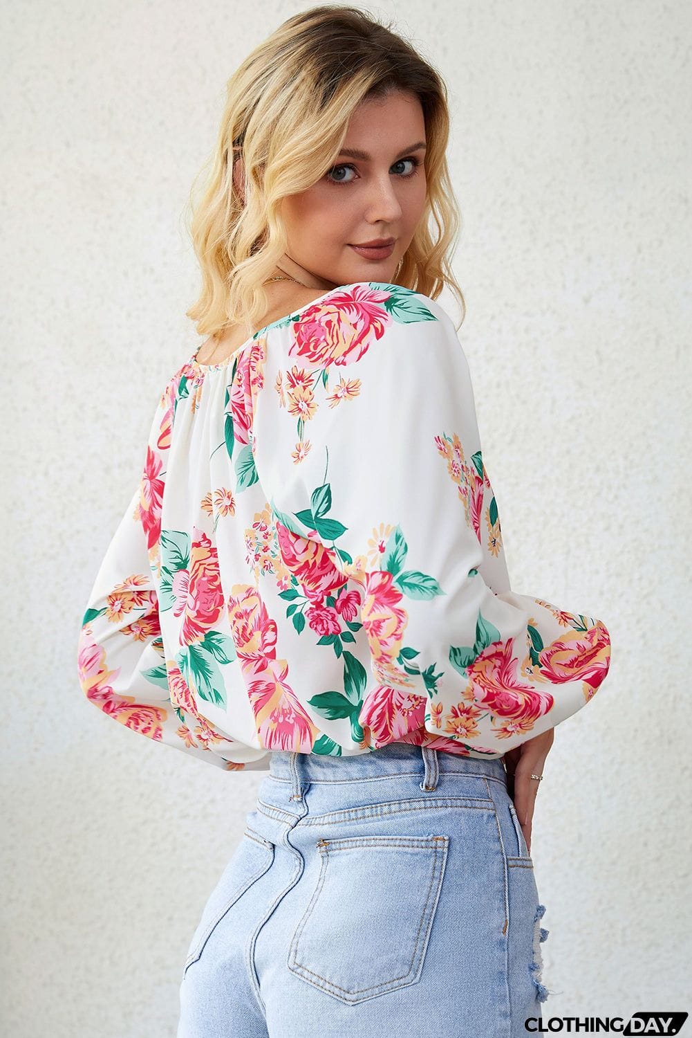 Floral Notched Neck Long Sleeve Blouse