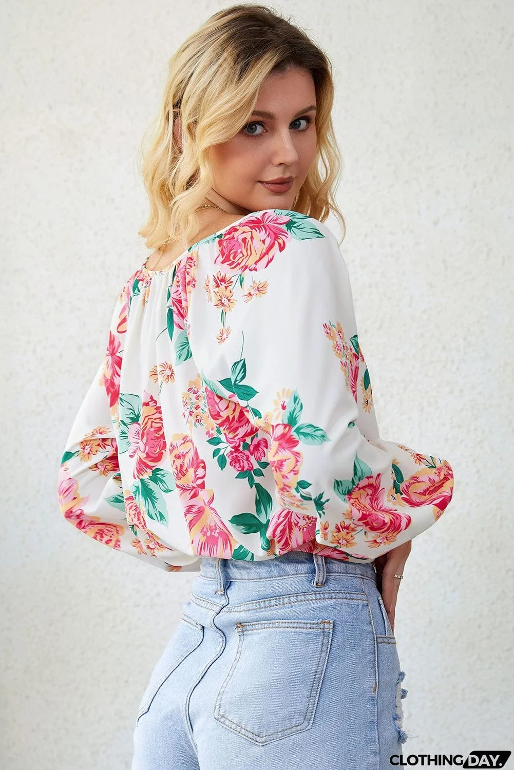 Floral Notched Neck Long Sleeve Blouse