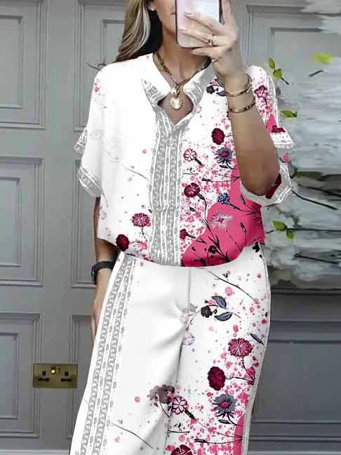 Women Floral,Pink,Blue DZDL1198 V-neck Short Sleeve Blouse and Pants Set