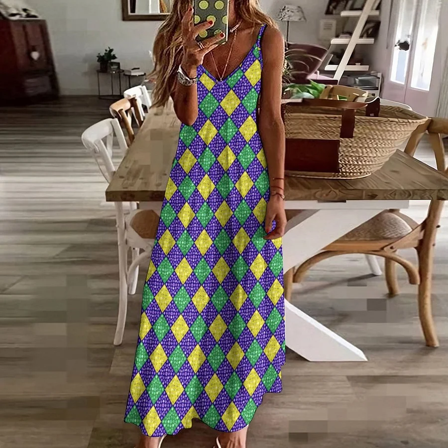 Mardi Gras Harlequin Diamond Carnival Women's Casual Strappy V Neck Sleeveless Flowy Loose Long Maxi Beach Dress Sundress Mardi Gras-5XL