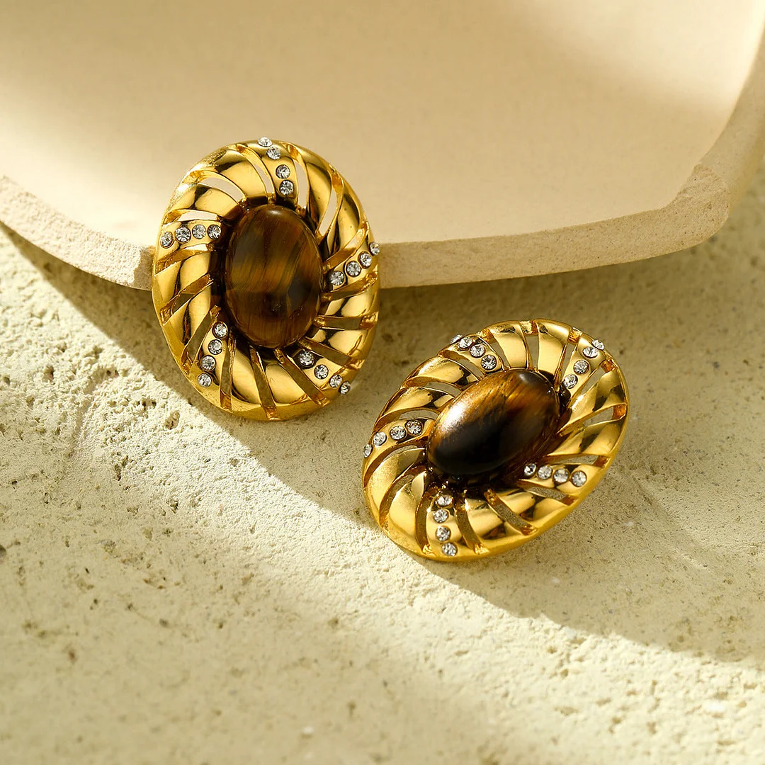 Oval Tiger Eye Stone Diamond Titanium Steel Earrings For Women Fashion Light Luxury High-End Non-Fading Ring Jewelry