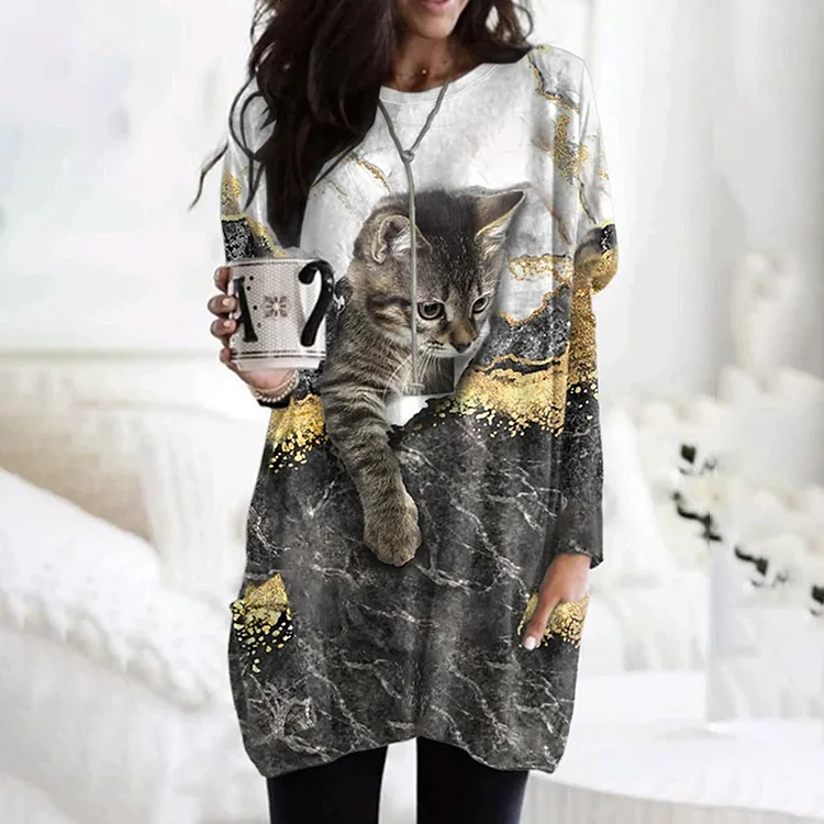 Wearshes Retro Cat And Marble With Pockets Print Tunic