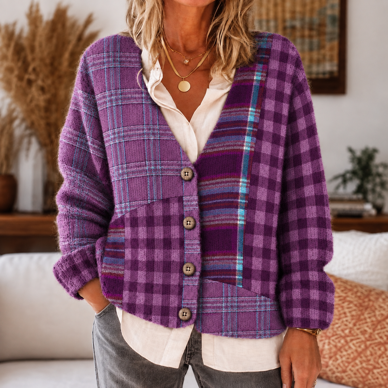 Comstylish Women's Retro Plaid Pattern Art Casual Knit Cardigan