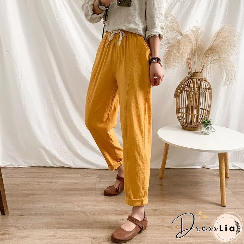 Summer Womens Pants-Cotton Linen Large Size Casual Loose Ankle-Long Capri Drawstring