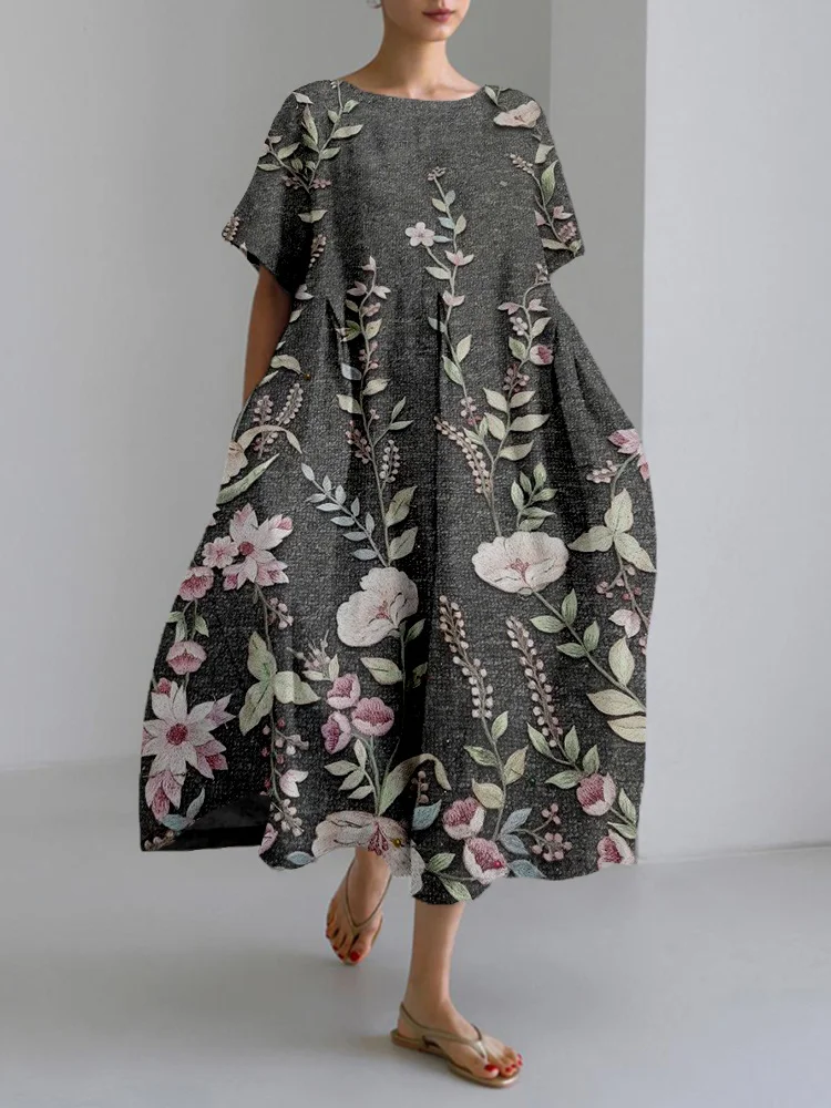 Classy Floral Embroidered Linen Blend Maxi Dress