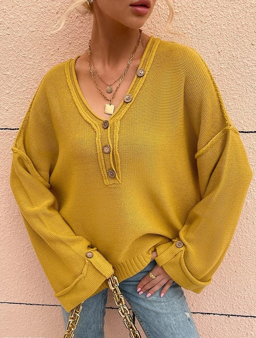 Autumn And Winter Buttons V-neck Solid Color Pullover Sweater | EGEMISS