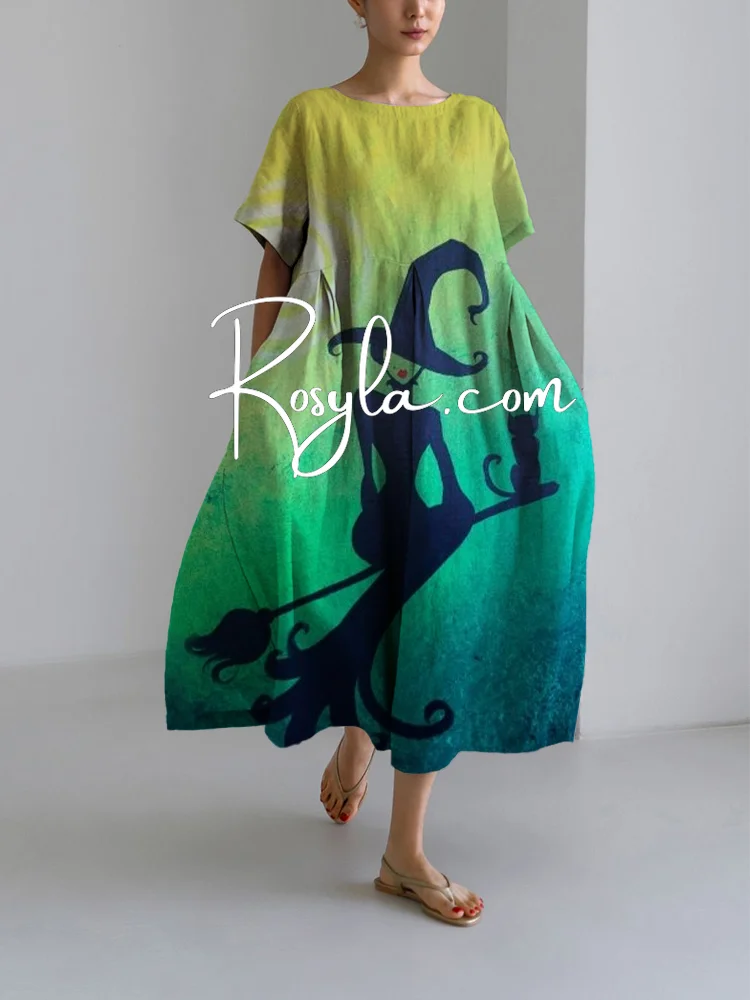 Women's Halloween Witch Print Loose Round Neck Medium Length Skirt Dress