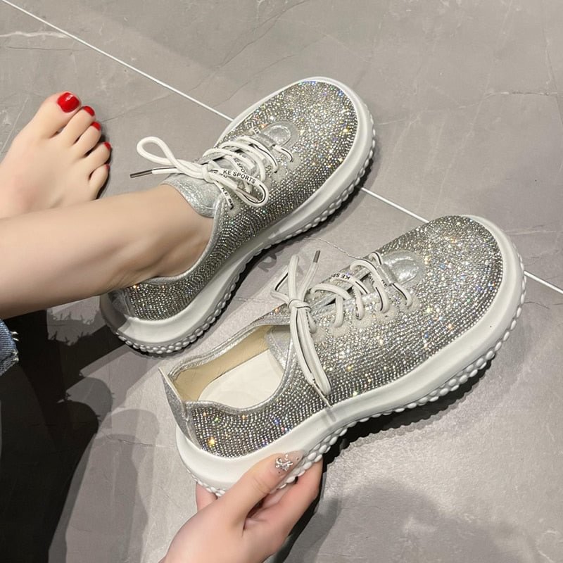Bling Crystal Platform Sneakers Women Black Thick Sole Vulcanize Shoes Woman Fashion Rhinestone Lace Up Sport Shoes 2022
