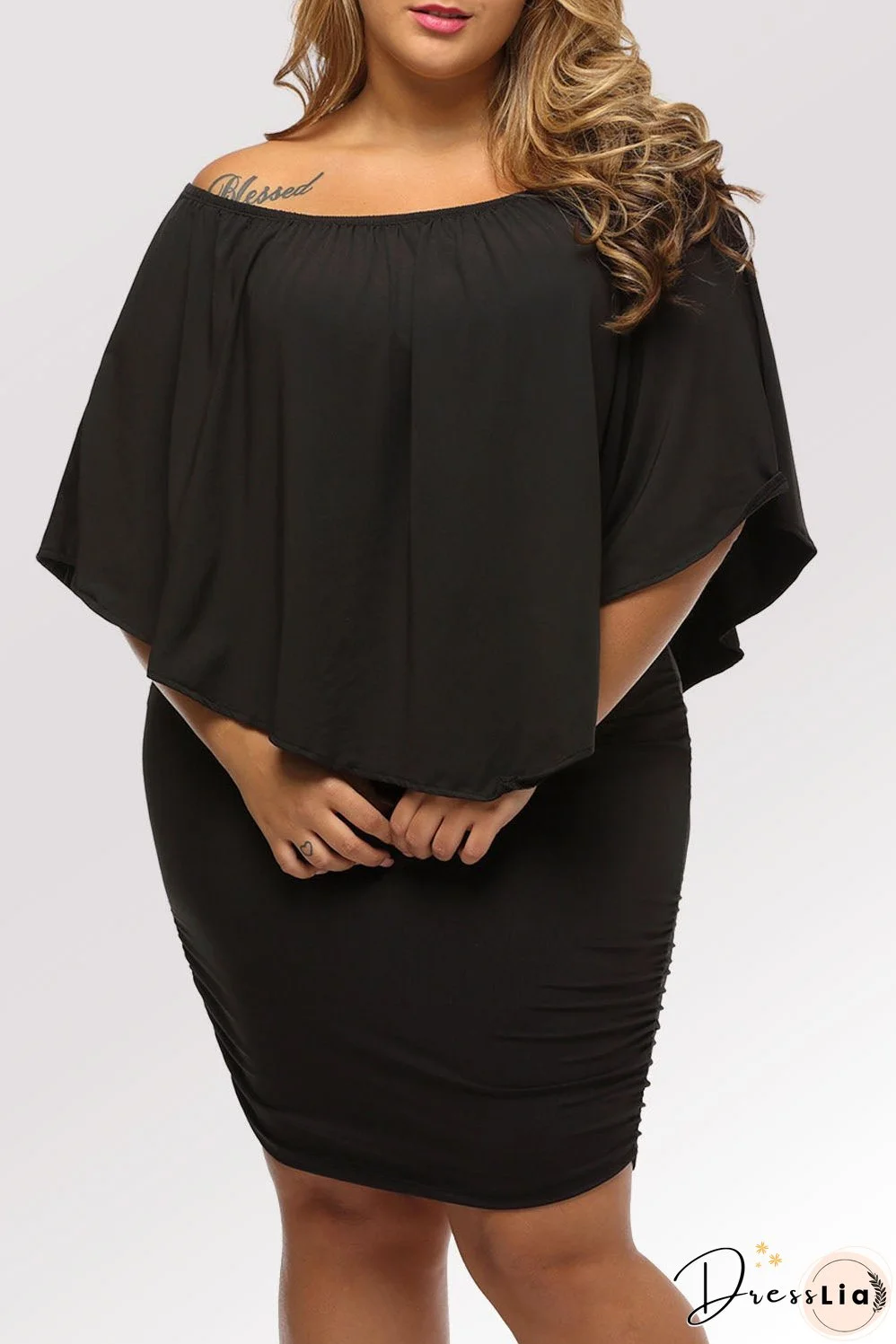 Elegant Black Layered Poncho Mini Dress for Plus Size Women
