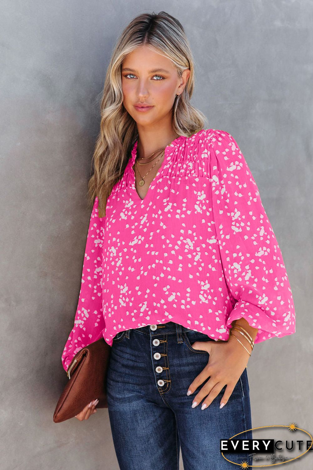 Pink Split Neck Fall Printed Crinkled Blouse
