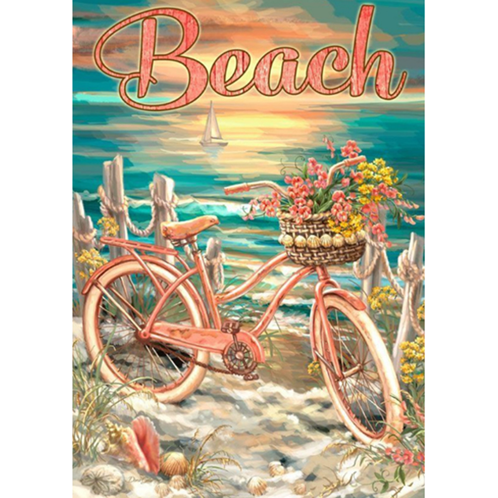 

40*30CM - Round Drill Diamond Painting - Beach Bicycle, 501 Original