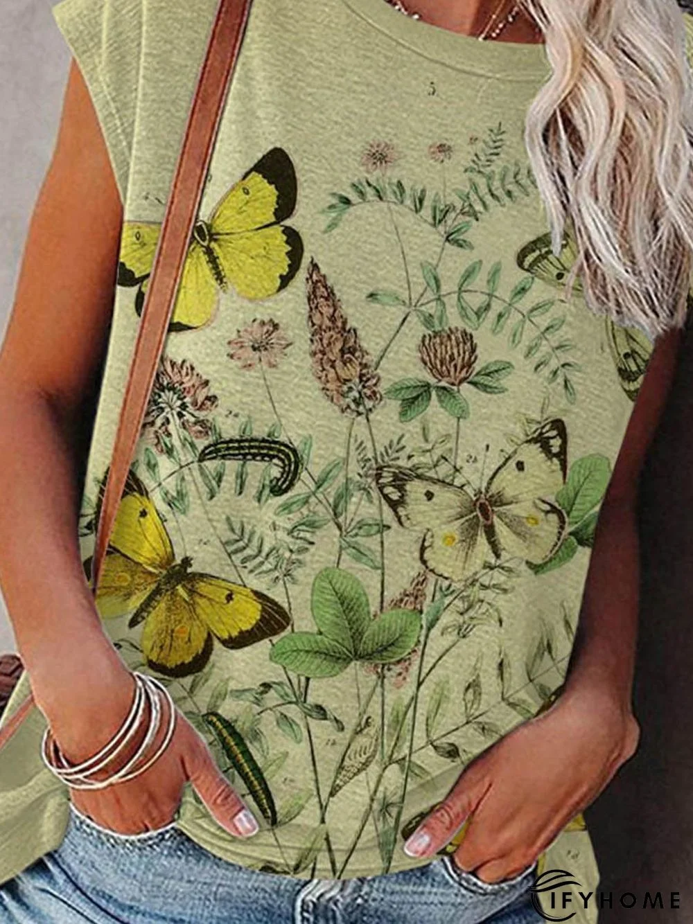 Butterfly Short Sleeve Printed Cotton-blend Crew Neck Holiday Summer Yellow Top | IFYHOME