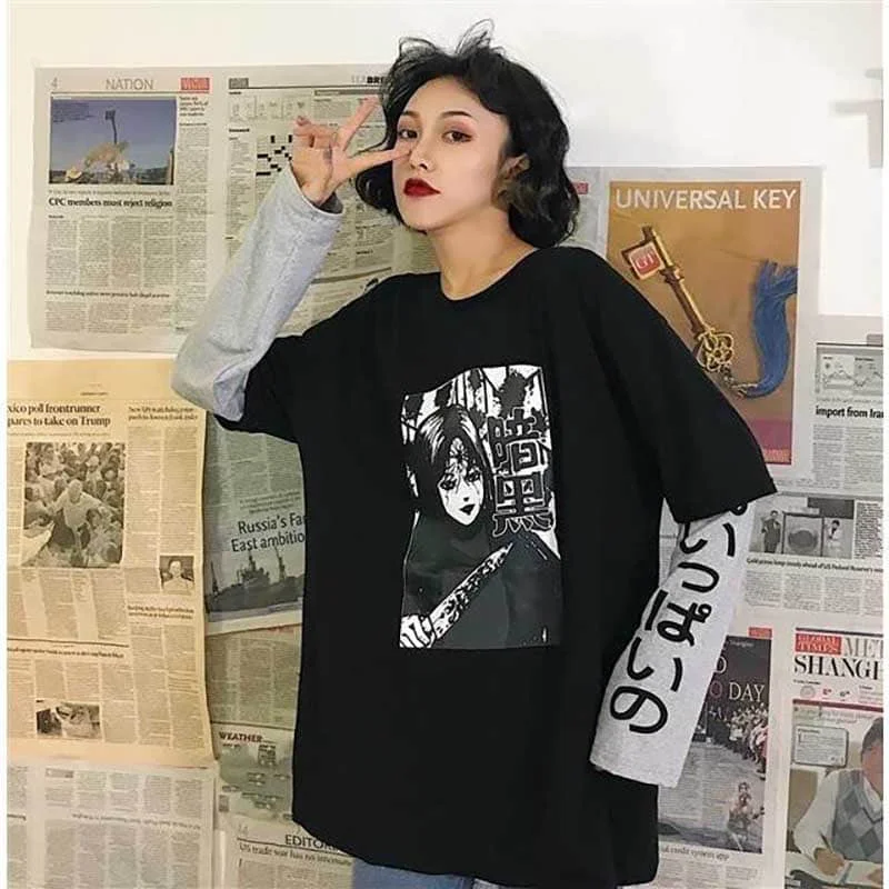 NiceMix Harajuku Streetwear Vintage White T Shirt Women Gothic Tops Kawaii Cartoon Funny Anime Printed Teen Girl Long Sleeve Tee