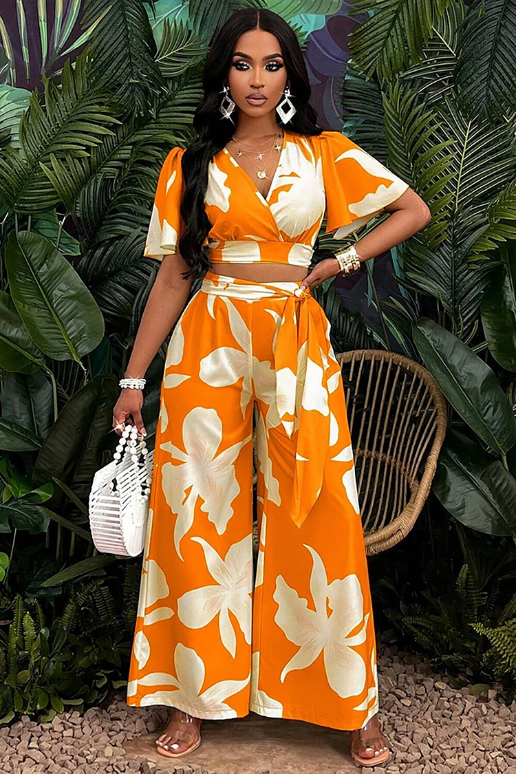 Floral Print Flutter Sleeve Crop Top Tie Up Wide Leg Pants 2pcs Set-Orange