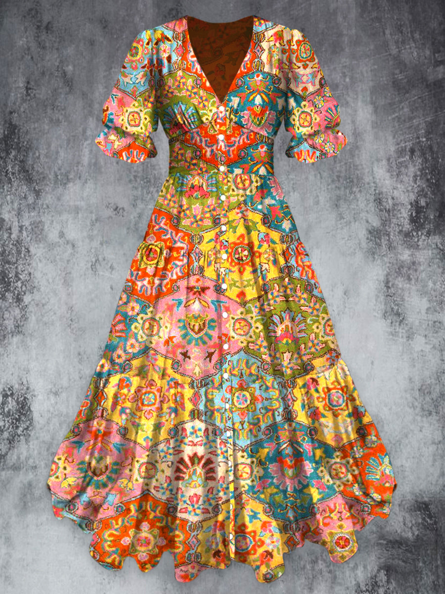 Retro Boho Art Print Chic V-Neck Button Up Short Sleeve Midi Dress