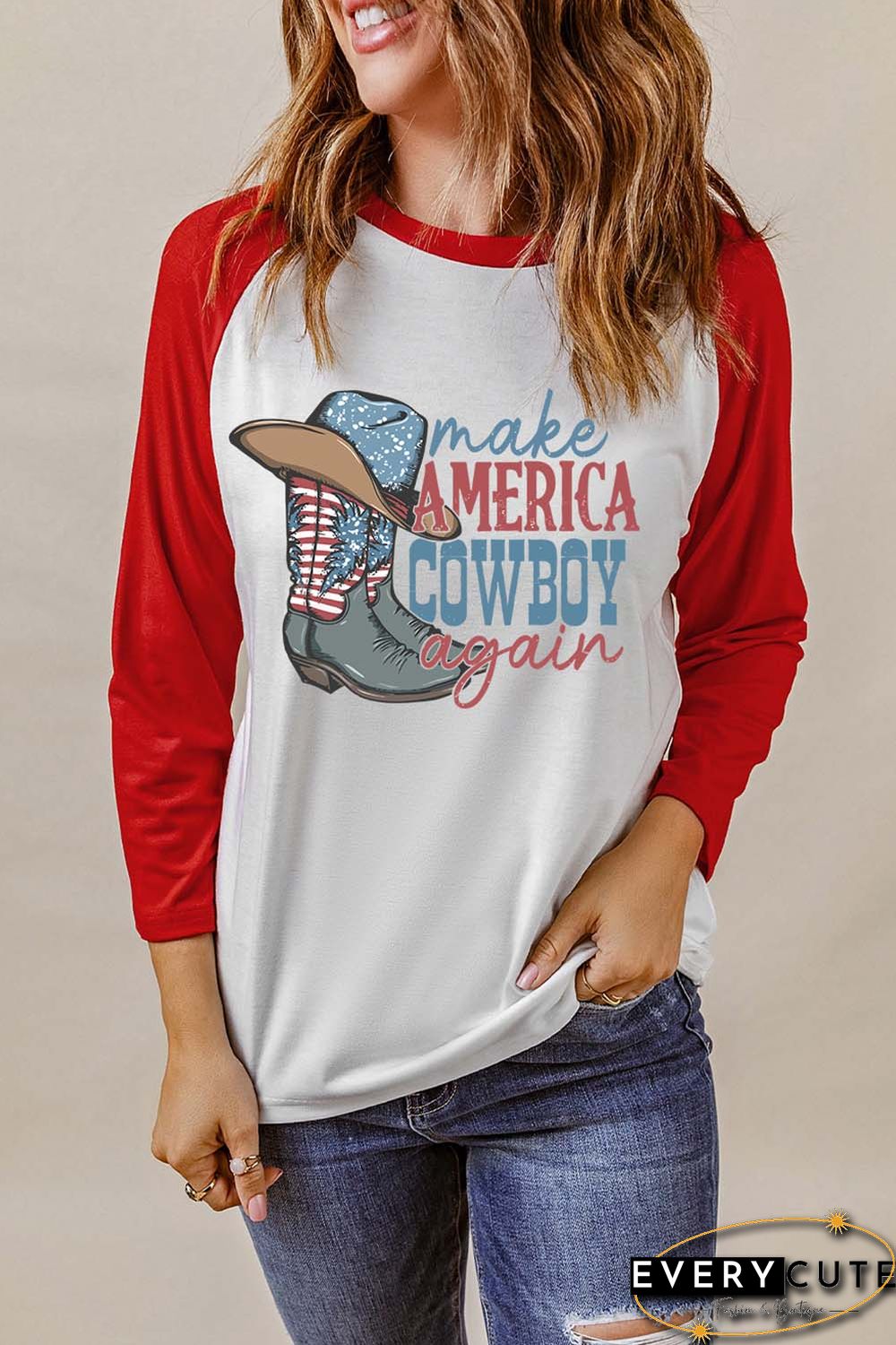 Red Make AMERICA COWBOY again Graphic Raglan Sleeve Top