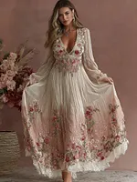 Women's Vintage Rose Embroidered Linen Blend Dress