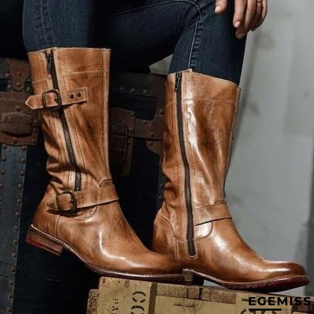 Comfort Side Zipper Boots Adjustable Buckle Low Heel Outdoor Boots | EGEMISS