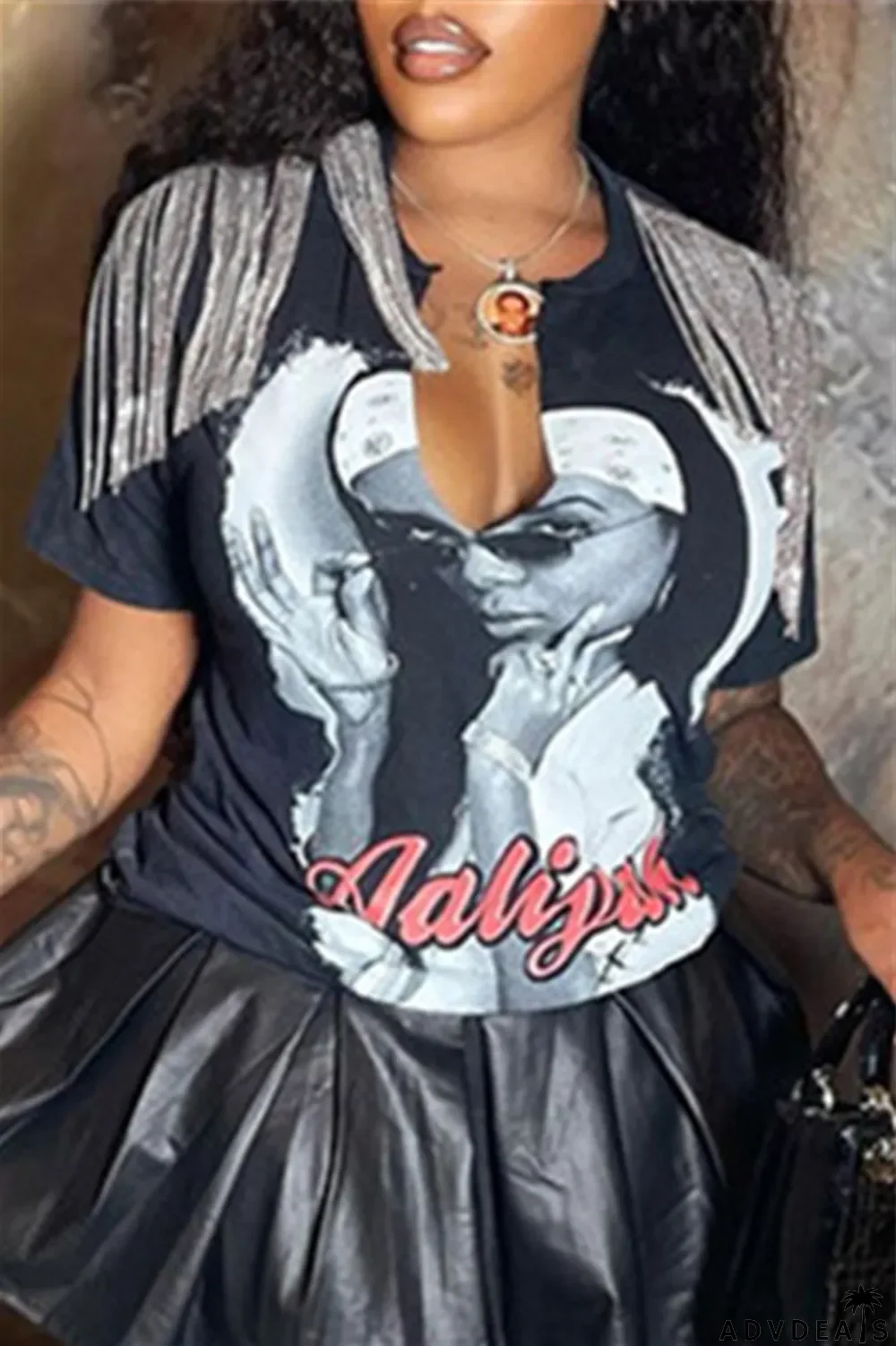 White Fashion Casual Print Tassel Patchwork V Neck T-Shirts