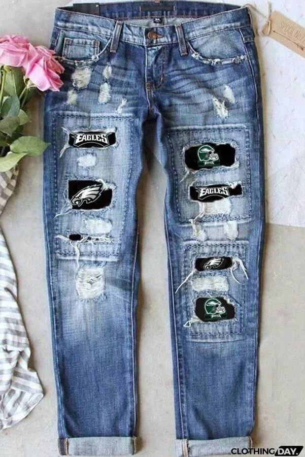 Distressed Printed Street Contrast Hip Hop Style Jeans